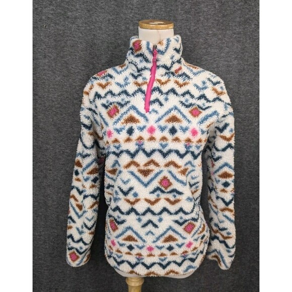 Eddie Bauer Fuzzy Fleece Teddy Jacket Aztec Print Quarter Zip plush pullover XS - Picture 1 of 5